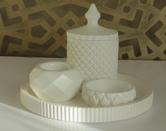 Polished Alabaster set  lidded pot with 2 trinket dishes and tray