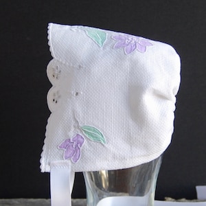 Embroidered Newborn Baby Bonnet: Upcycled White Cotton Christening Sun Hat