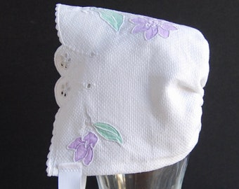 Embroidered Newborn Baby Bonnet: Upcycled White Cotton Christening Sun Hat