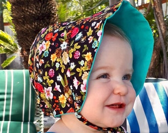 Reversible Baby Bonnet: Woodland Floral Cotton Sun Hat
