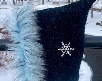 Gorro de lana con copos de nieve bordados: gorro de invierno con forro de sherpa de piel sintética