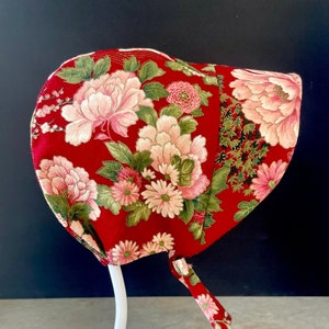 Red Floral Baby Bonnet 6-12 Months: Reversible Cotton Sun Hat