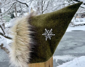 Gorro de tweed verde para bebé, con ribete de piel sintética y copo de nieve.