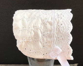 Upcycled White Eyelet Baby Bonnet: Embroidered Cotton Christening Sun Hat