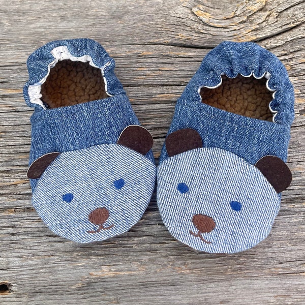 Teddy Bear Baby Booties 12 - 18 mths, Stay on Booties, Upcycled Denim Booties, Bear Booties, Soft-Sole Shoes, Crib Shoes, Toddler Slippers