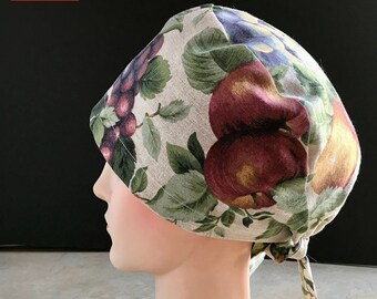 Fruity Scrub Cap: Upcycled Cotton Nurse's Hat with Buttons