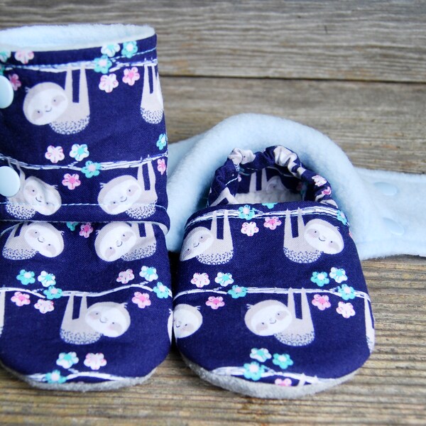 Sloth Stay On Baby Booties, Sloth Baby Booties, Crib Booties, Soft Soled Shoes, Lambskin Booties, Navy Baby Booties, Baby Boys, Baby Girls