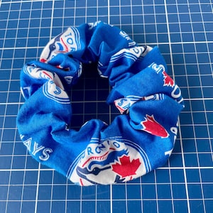 Può includere: Scrunchie blu con un motivo a logo bianco e rosso. Il logo include il testo "TORONTO" e una foglia d'acero. Accessorio per capelli.