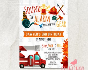 Fire Truck Birthday - Firefighter Birthday - Grab your Gear - Stop Drop & Roll - Edit In Canva - Instant Download - Fire Station