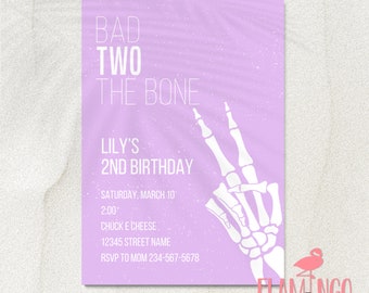 Bad TWO the Bone - Bad to the bone - Birthday Invitation - Edit in Canva - Skeleton - Punk - Second Birthday - 2nd Birthday - Purple