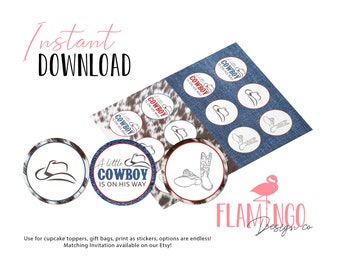 Cowboy Inspired Cupcake Toppers - INSTANT DOWNLOAD - Gift Bag Tags - Stickers - DIY - Baby Shower - Matching Invitation and more...