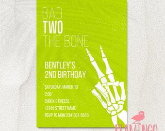 Bad TWO the Bone - Bad to the bone - Birthday Invitation - Edit in Canva - Skeleton - Punk - Second Birthday - 2nd Birthday - Lime - Neon