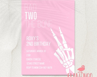 Bad TWO the Bone - Bad to the bone - Birthday Invitation - Edit in Canva - Skeleton - Punk - Second Birthday - 2nd Birthday - Pink