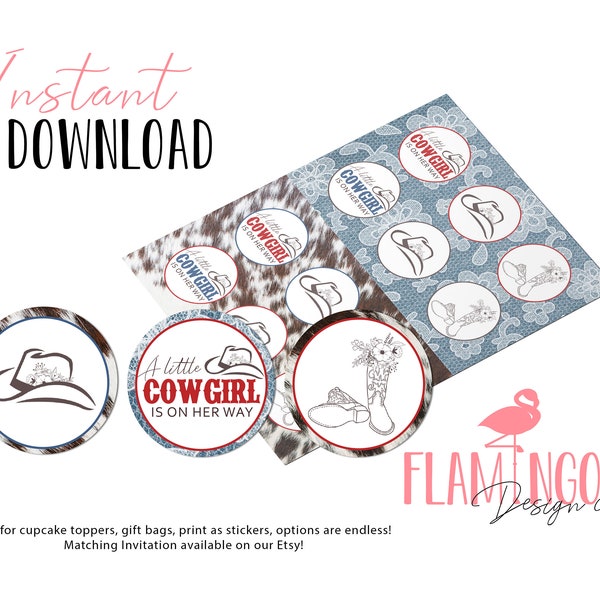 Cowgirl Inspired Cupcake Toppers - INSTANT DOWNLOAD - Gift Bag Tags - Stickers - DIY - Baby Shower - Matching Invitation and more...