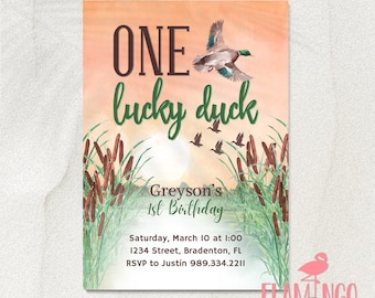 ONE Lucky Duck - Duck Hunting Birthday - Hunter Birthday - Hunting - Ducks - First Birthday - Edit In Canva - Instant Download - Duck Hunt