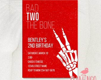 Bad TWO the Bone - Bad to the bone - Birthday Invitation - Edit in Canva - Skeleton - Punk - Second Birthday - 2nd Birthday - Red