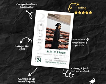 Bearbeitbare Abschlusseinladungsvorlage | Gestalte mit Canva | Bearbeiten Sie das Jahr | Sofortdownload | Klasse von 2026 einladen