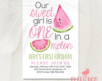One in a Melon Birthday Invitation Template - Edit on Canva - Girl - Boy - Fruit - Watermelon Birthday - Summer - Custom Request - Matching