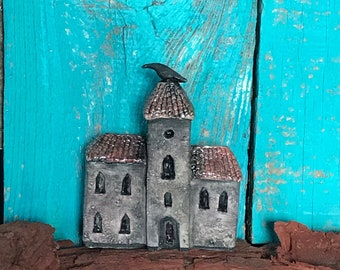 Miniature spooky Victorian house with raven OOAK ceramic handmade clay sculpture
