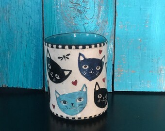 Cats OOAK ceramic clay cup/mug -sculpture sgraffito pottery pencil-holder