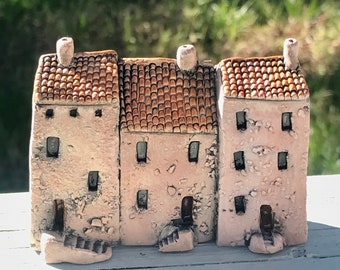 Miniature 3 row houses OOAK ceramic handmade clay sculpture
