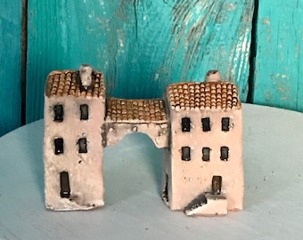 Miniature 2 houses w/bridge OOAK ceramic handmade clay sculpture