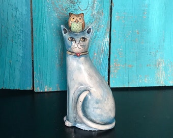 Cat with Owl - OOAK ceramic figurine clay sculpture pottery