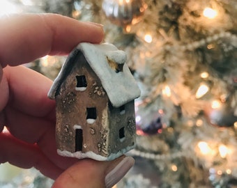 Mini house with snow - OOAK ceramic terrarium handmade clay sculpture