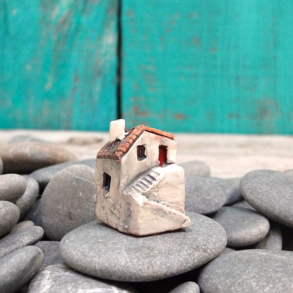 Miniature tiny old white house with stairs- OOAK ceramic mini handmade sculpture