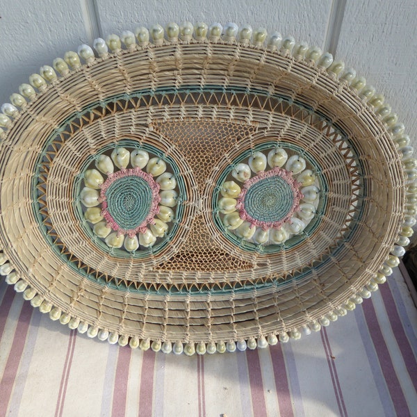Vintage Pastel Colored Woven Straw Grass & Conch Shell Basket Tray