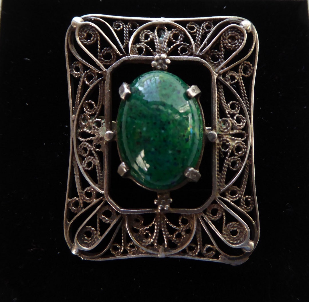 Broche/pendentif Ancien En Argent Et Verre Vert – Pièce Vintage Ronde