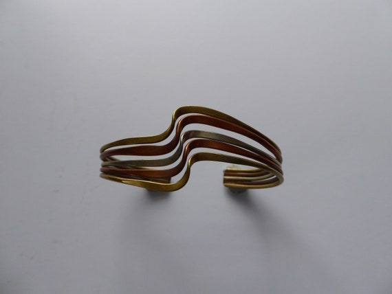 Vintage Handmade Sterling, Copper, Brass Wave Cuf… - image 2