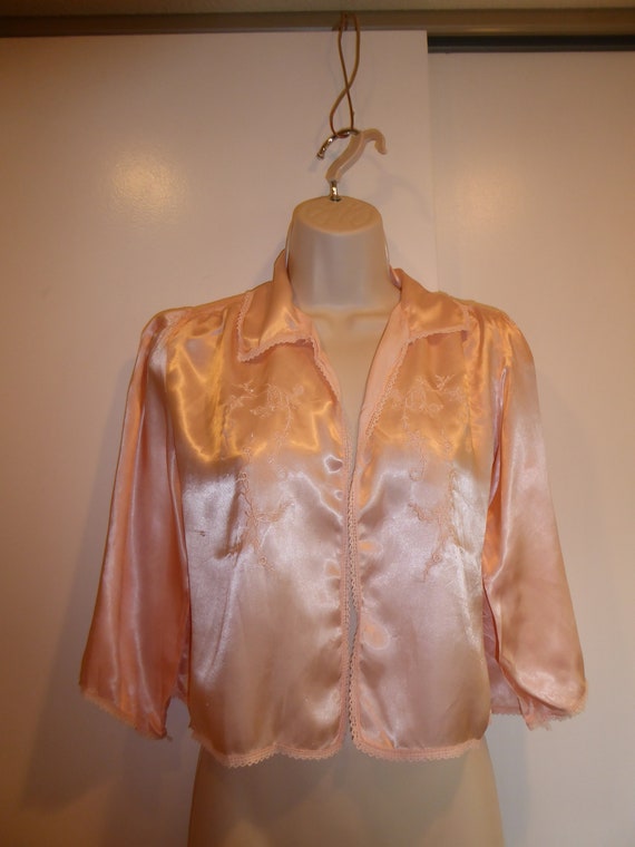 Vintage Satin TruLure Pink Embroidered Bed Jacket… - image 1