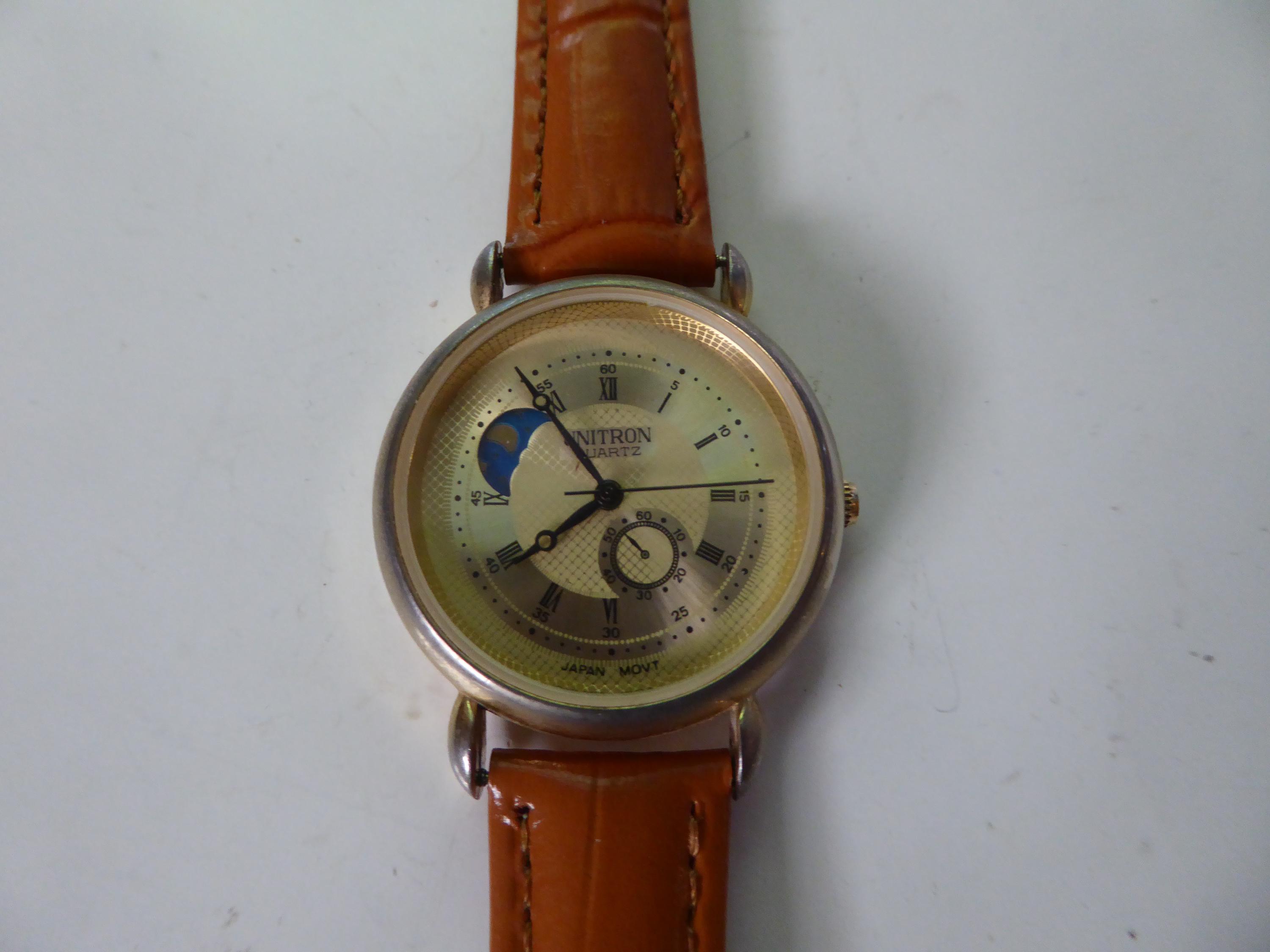Vintage Unitron Moon Phase Abalone Quartz Watch Silver Tone Black Leather Band Unitron Woman main image 2