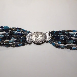 Vintage Coldwater Creek Blue Bead Stretch Belt with Silvertone Medallion Buckle L/XL 38"