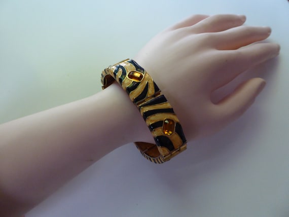 Vtg Kenneth Jay Lane rhinestone Tiger Enamel High… - image 1