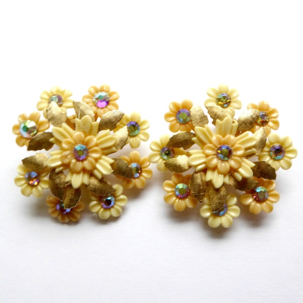 Vintage Coro Resin Aurora Borealis Rhinestone Floral Clip-On Costume Jewelry Earrings