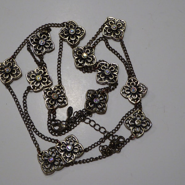 Vintage Premier Designs Brasstone Rhinestone Opera Length Necklace