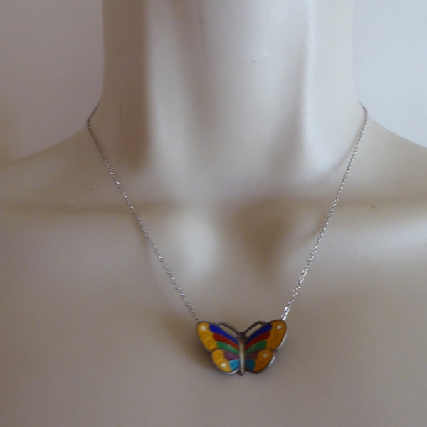 Vintage 50s Sterling Guilloche Enamel Butterfly Necklace