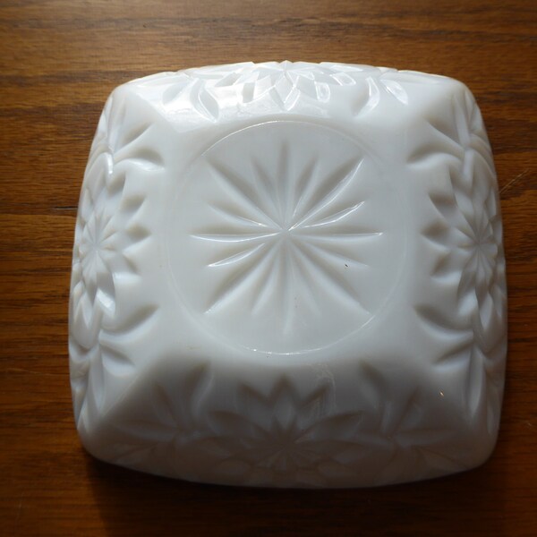 Vintage Square Milk Glass Candy Dish with Cut Designs on Sides