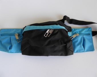 Vintage Black and Turquoise Nylon 90s Fanny Pack Multiple Pockets