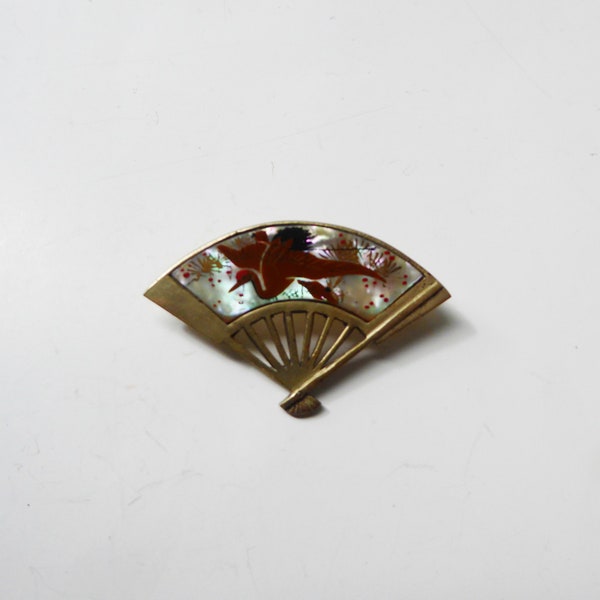 Vintage Oriental Enamel Stork Design on Mother of Pearl Brass Fan Brooch