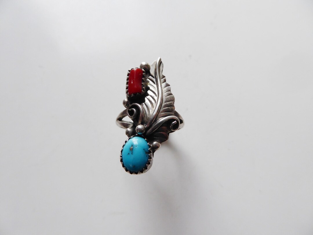 Vintage Southwest Navajo Sterling Turquoise and Red Coral Ring With ...