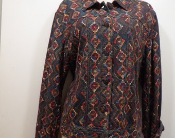Vintage Coldwater Creek L Jean Jacket Lightweight Denim All Over Rainbow Embroidered