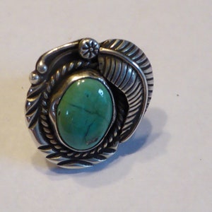 Vintage Navajo Phillip Long verde turquesa plata esterlina anillo firmado PL
