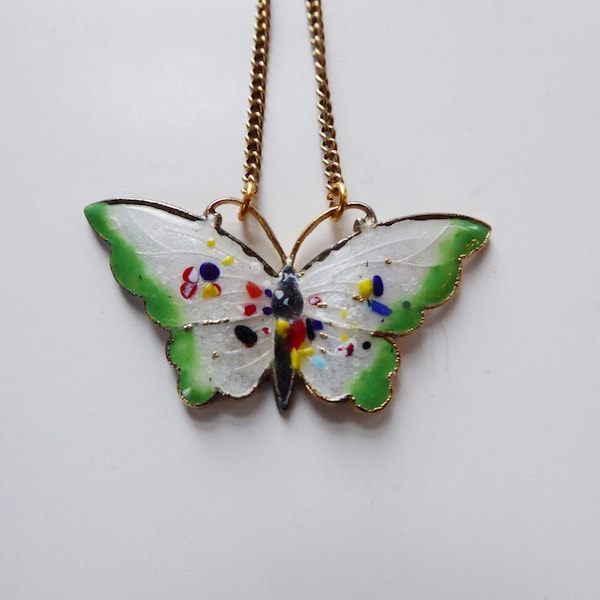 Vintage 60s Guilloche Enamel Butterfly Necklace