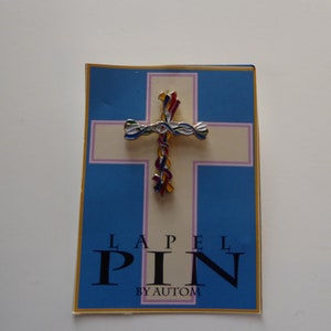 Vintage Carded Religious Enamel Cross Lapel Pin by Autom