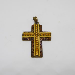 Vintage Brass Tone Yellow Rhinestone and Suede Cross Pendant