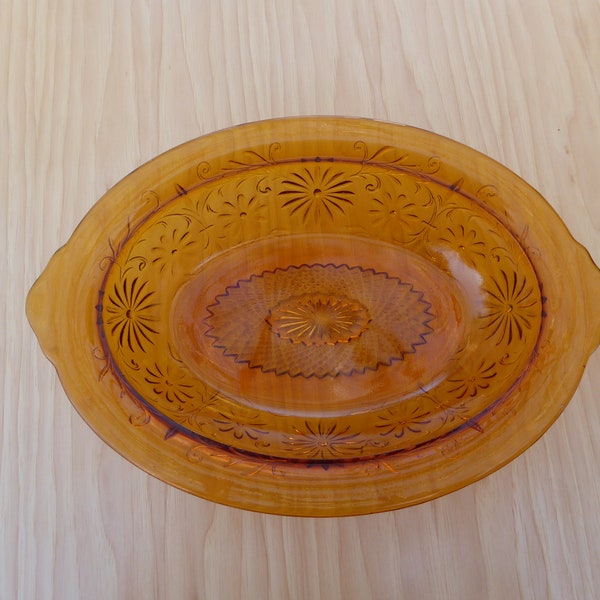 Vintage Indiana Glass Amber Oval Floral Etched Shallow Candy Dish
