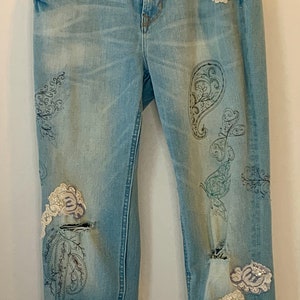 Denim Boyfriend Jeans, Nachhaltig Upcycled, Cowgirl light denim, Sommerkleidung, Größe 2